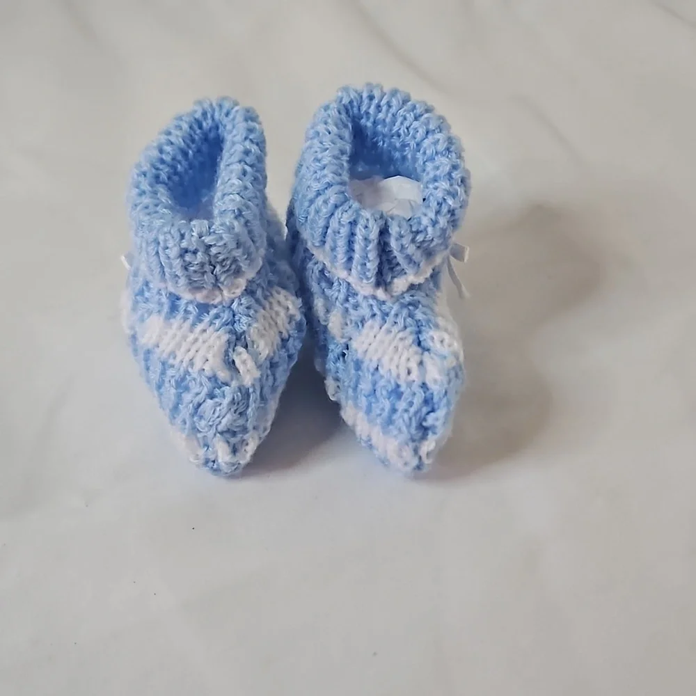 Hand Crafted Crochet Baby Shoes Baby Blue and white Tread & Handmade Bow Ribbon
